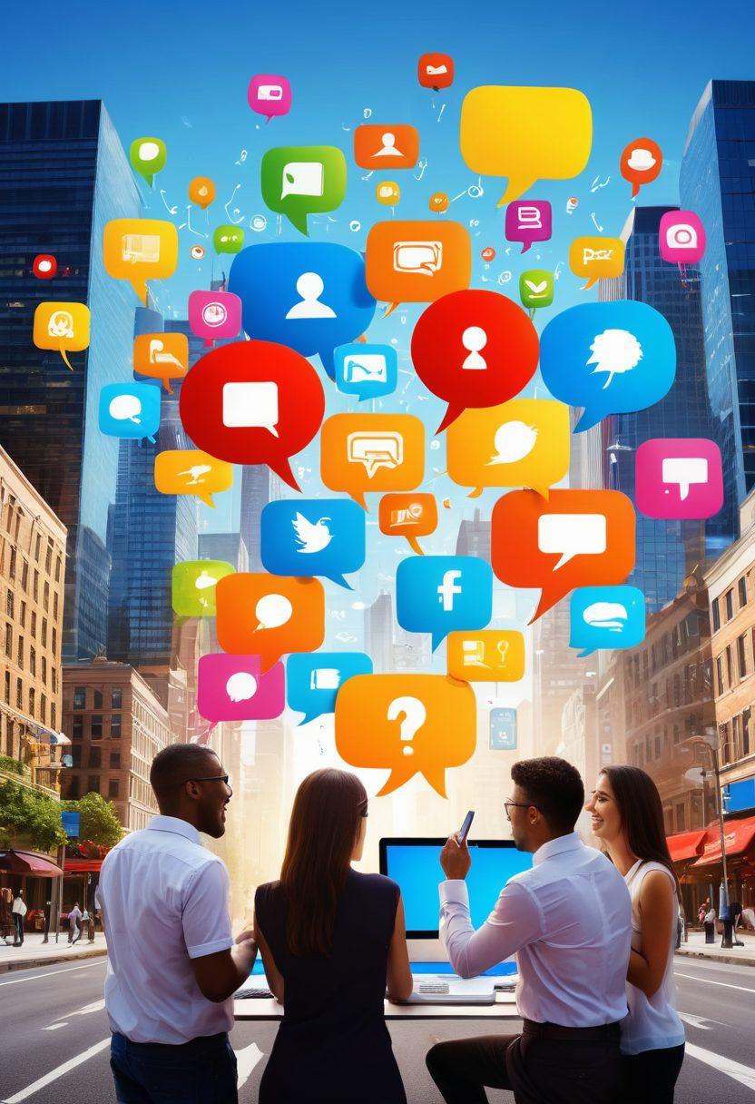 A diverse group of people joyfully engaging with various media devices like smartphones, tablets, and laptops, surrounded by vibrant, colorful speech bubbles representing ideas and connections. Incorporate elements such as social media icons and email notifications to symbolize online networking. The background should be a bright, lively cityscape, reflecting innovation and creativity. super-realistic. vibrant colors. 3D.