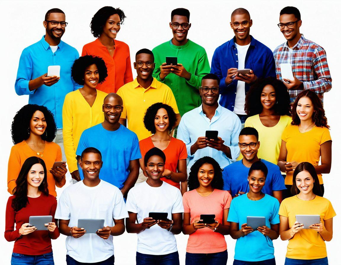 A vibrant collage of diverse people engaged in friendly conversations, sharing ideas over digital devices like tablets and smartphones. Include visual symbols of connection, such as interlinked chains or glowing network nodes, to represent the theme of connections. The background should feature a blend of warm and inviting colors to evoke a sense of community and interaction. super-realistic. vibrant colors. white background.