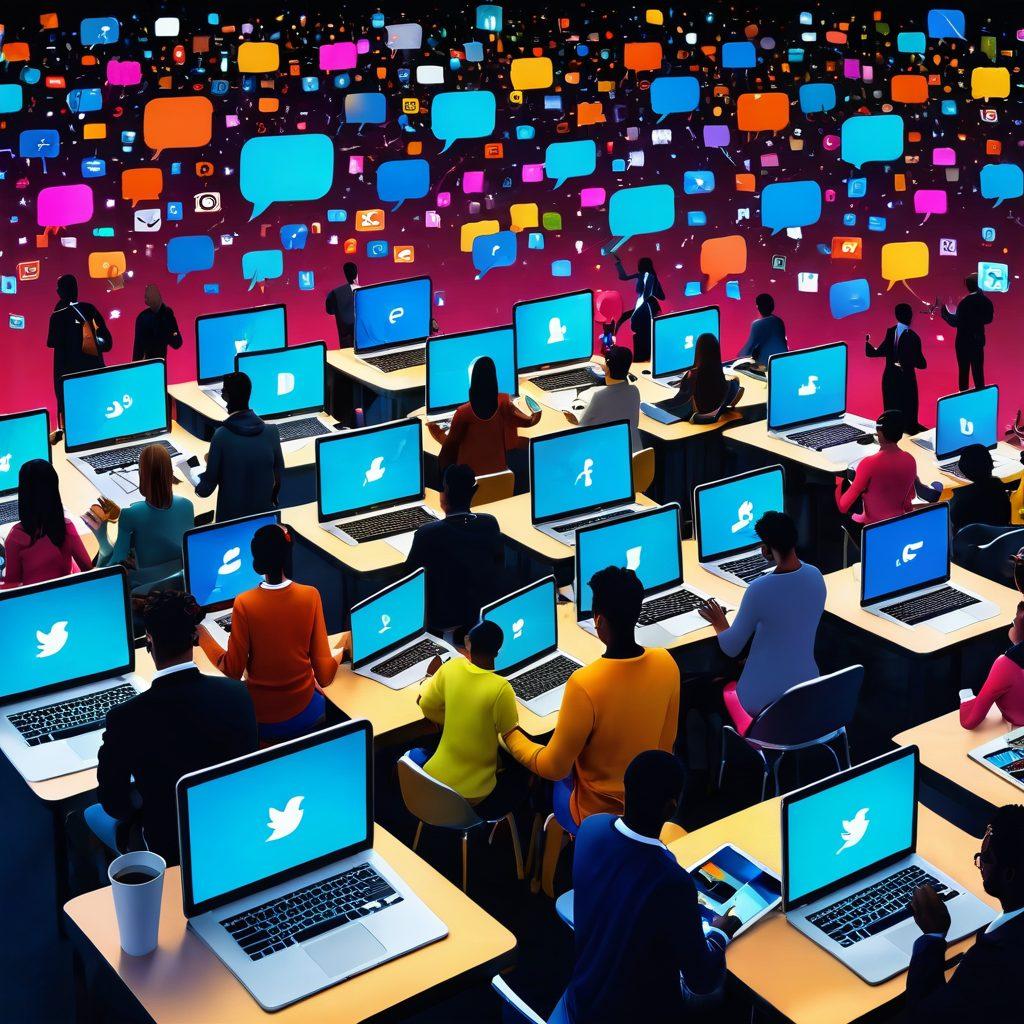 A vibrant digital landscape showcasing diverse people connecting through various devices, such as laptops and tablets, amid a colorful web of social media icons and communication symbols. The scene transitions from a calm, serene environment on one side to a bustling, energetic networking space on the other, representing the journey from contentment to connectivity. Emphasize modern technology and collaboration. super-realistic. vibrant colors. 3D.